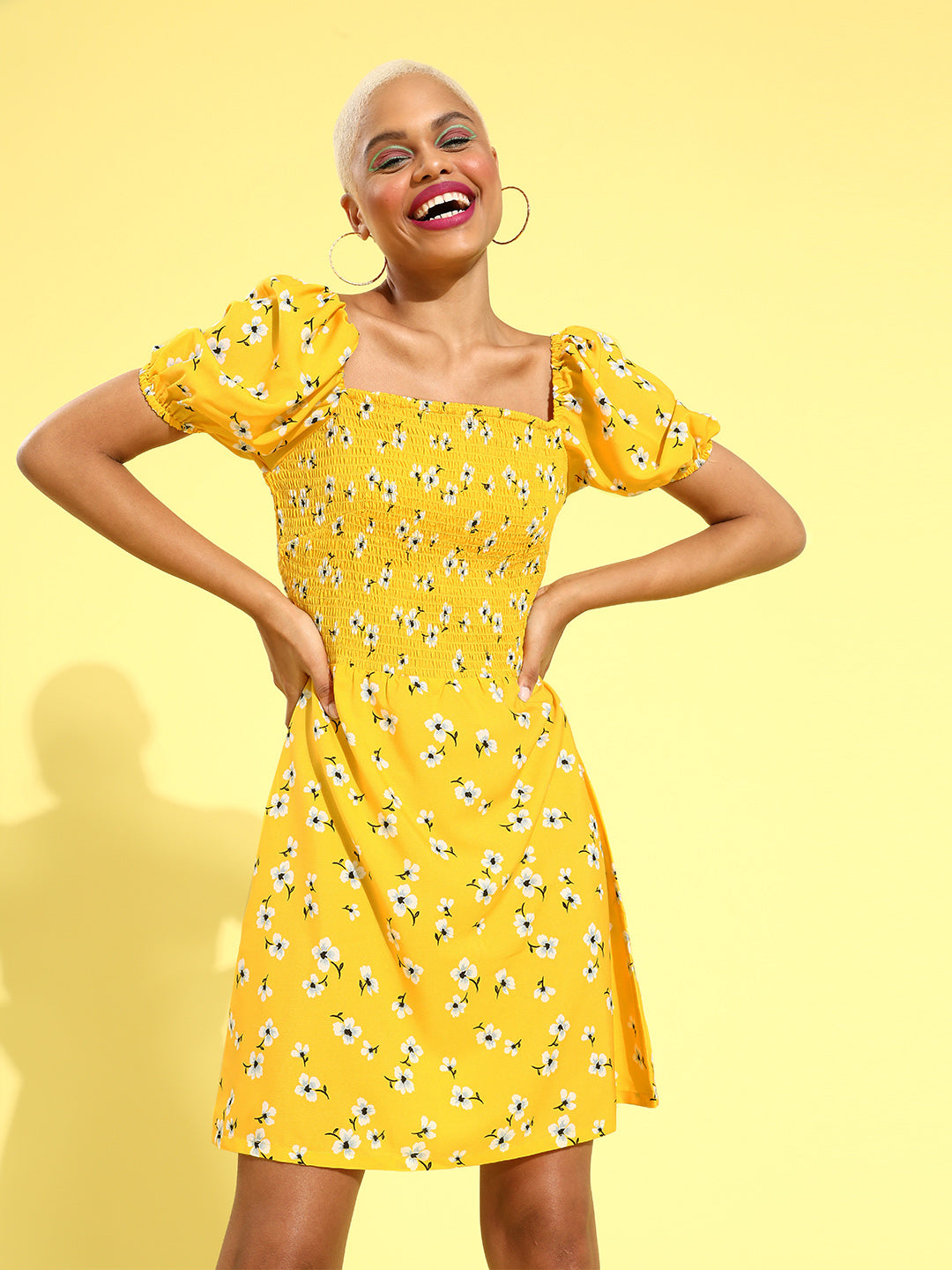 Women Bright Yellow Floral Sweetheart Neck Dress