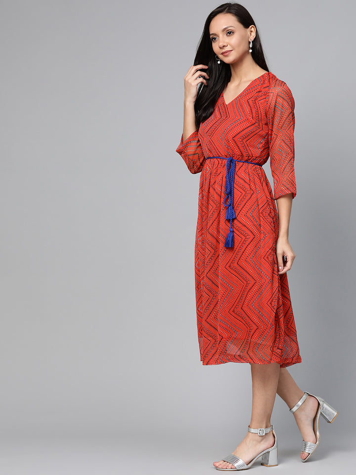 Women Red & Blue Printed A-Line Dress