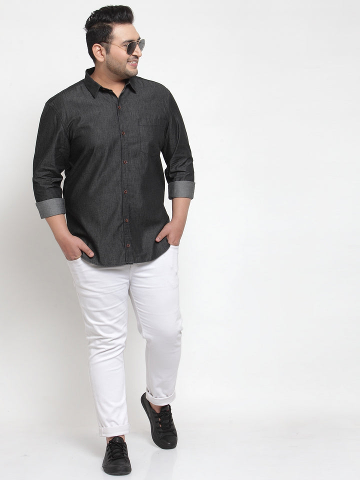 Men Black Regular Fit Solid Casual Denim Shirt