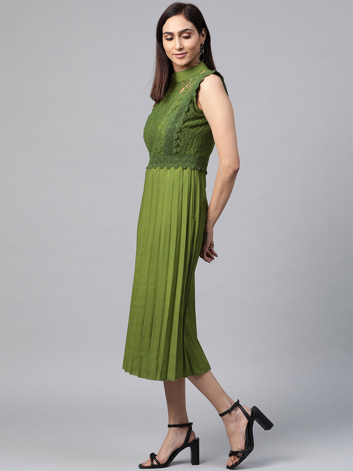 plusS Women Olive Green Self Design A-Line Dress