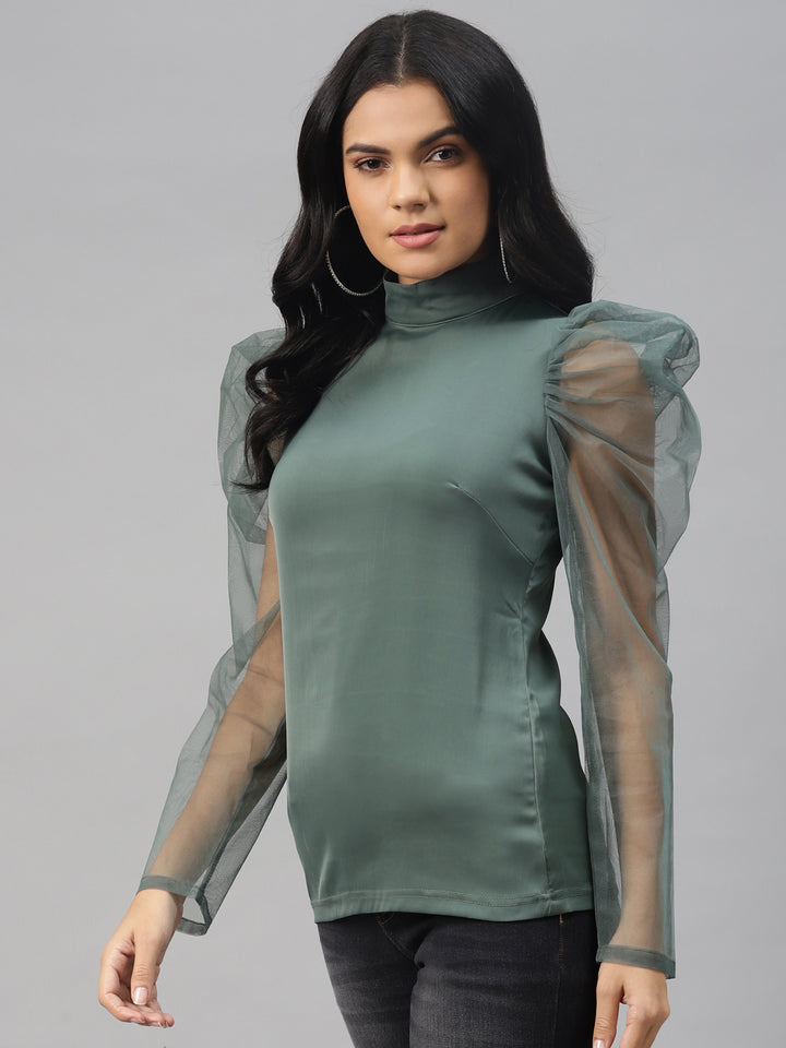 plusS Women Green Puff Sleeve Regular Top