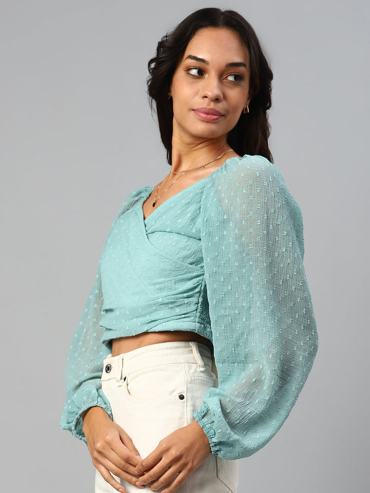 plusS Turquoise Blue Self Design Sweetheart Neck Smocked Wrap Crop Top