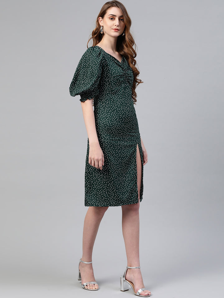 plusS Green Polka Dots Printed A-Line Dress