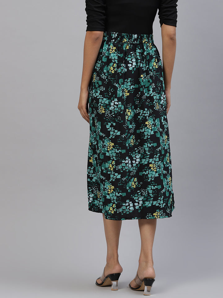 plusS Women Black  Green Floral A-Line Midi Skirt