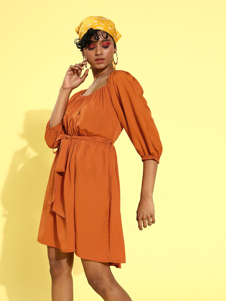 Women Attractive Orange Solid Sweetheart Neck Dress