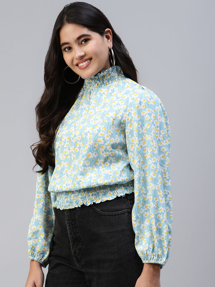 plusS Women Sea Green Floral Print Bishop Sleeves Top