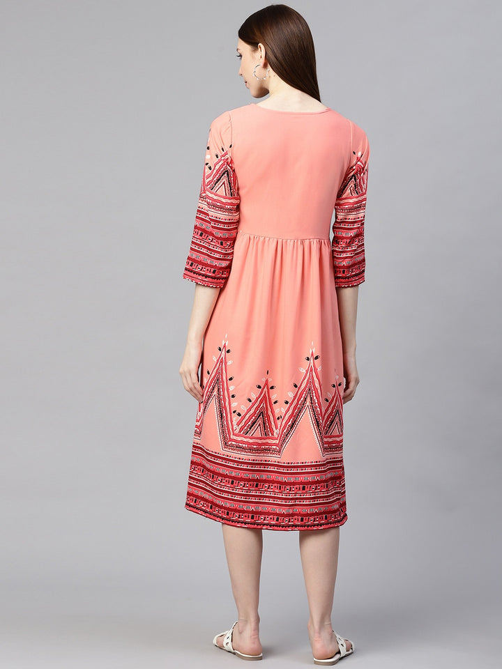 plusS Women Peach-Coloured  Red Printed A-Line Dress