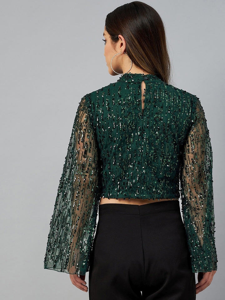 Green Embellished Mandarin Collar Crop Top