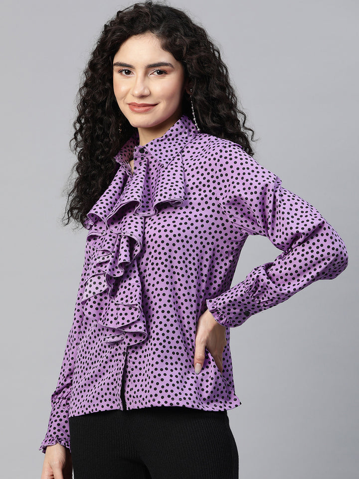 plusS Polka Dot Print Puff Sleeve Ruffles Shirt Style Top