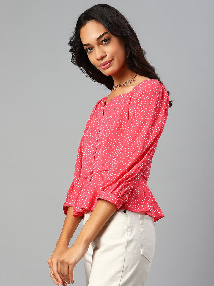 plusS Pink  White Polka Dots Print Sweetheart Neck Peplum Top