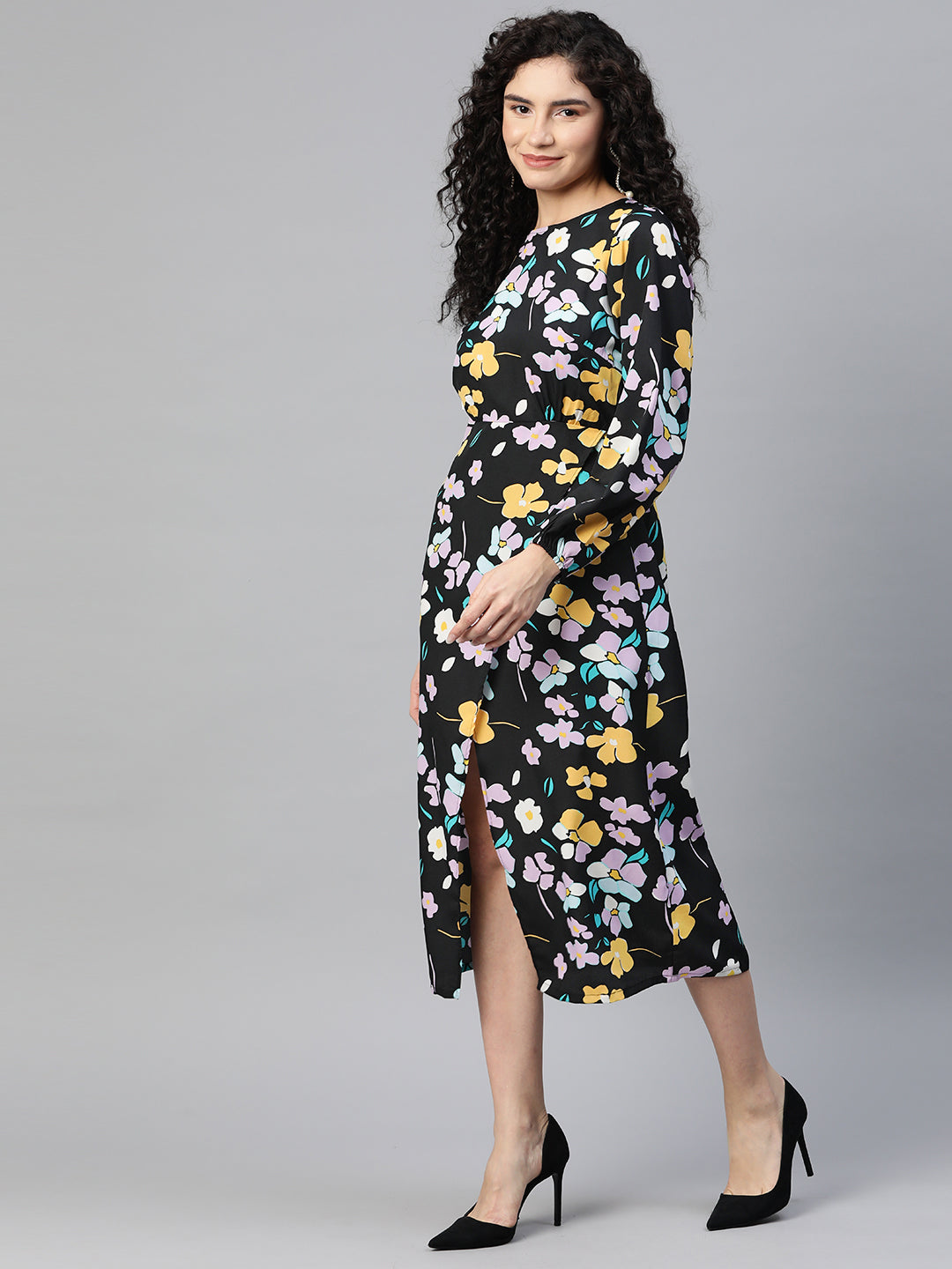 Floral Print Puff Sleeve A-Line Midi Dress