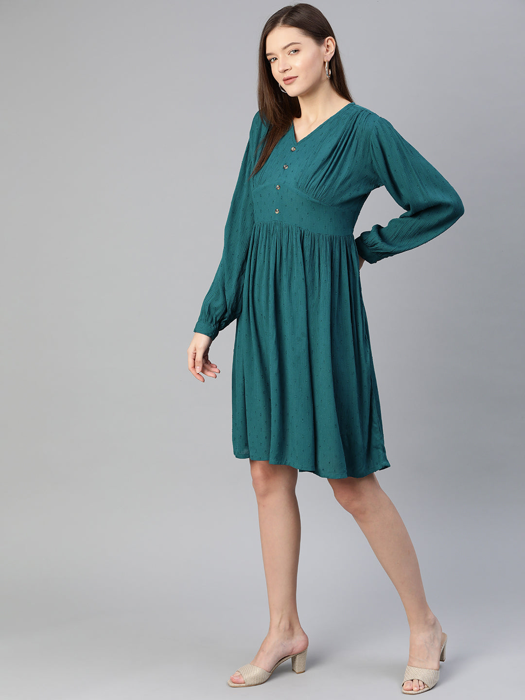 Tranquil Teal Solid Ruched Dress