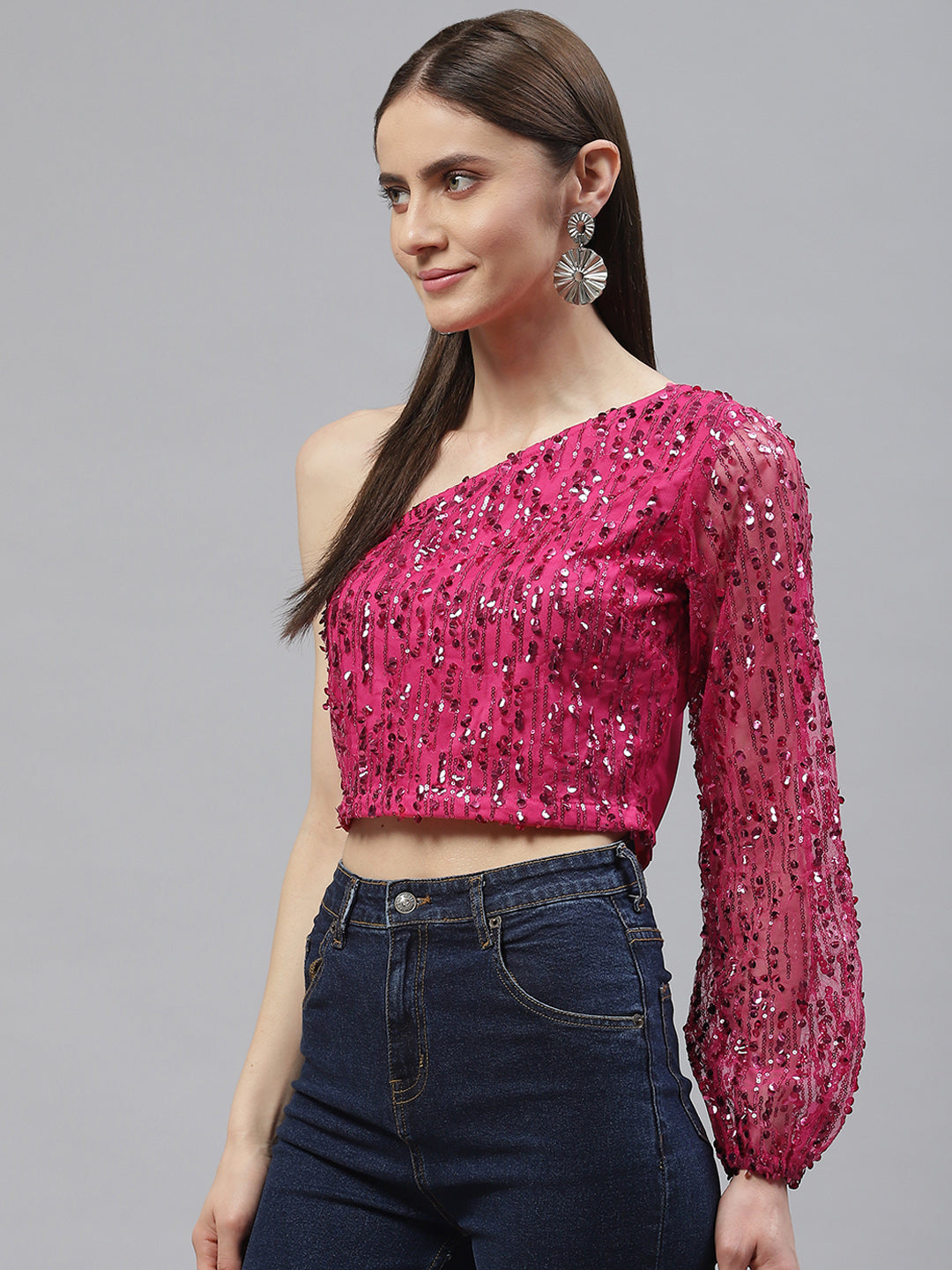 plusS Women Fuchsia One Shoulder Sequined Poly Georgette Crop Top