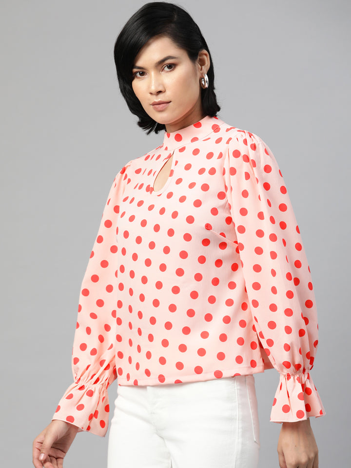 plusS Cream-Coloured  Red Polka Dots Print Bell Sleeves Keyhole Neck Top