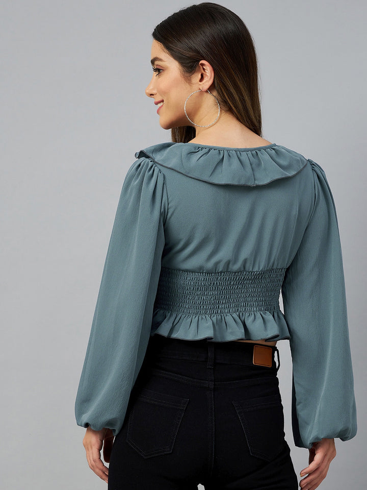 plusS Blue Solid Tie-Up Neck Ruffles Smocked Crop Top