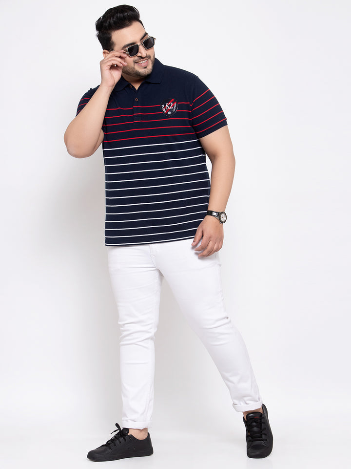 Men Plus size Navy Blue & White Striped Polo Collar T-shirt