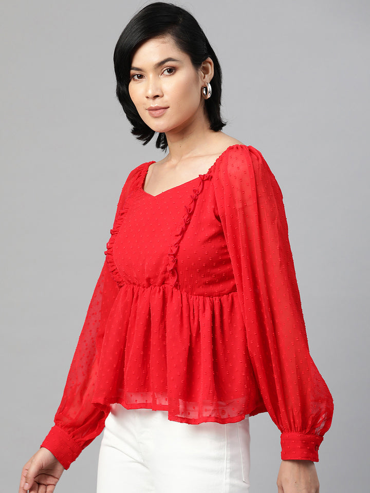 plusS Red Sweetheart Neck Ruffles Cinched Waist Top