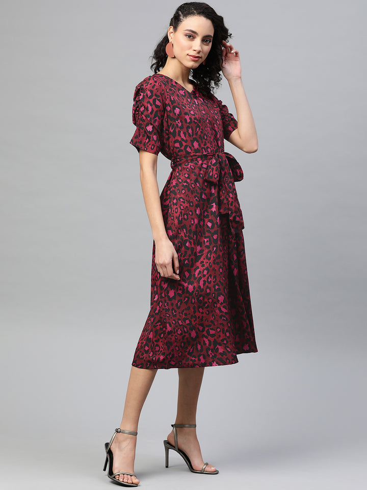 plusS Women Burgundy  Black Leopard Print Midi A-Line Dress with Belt