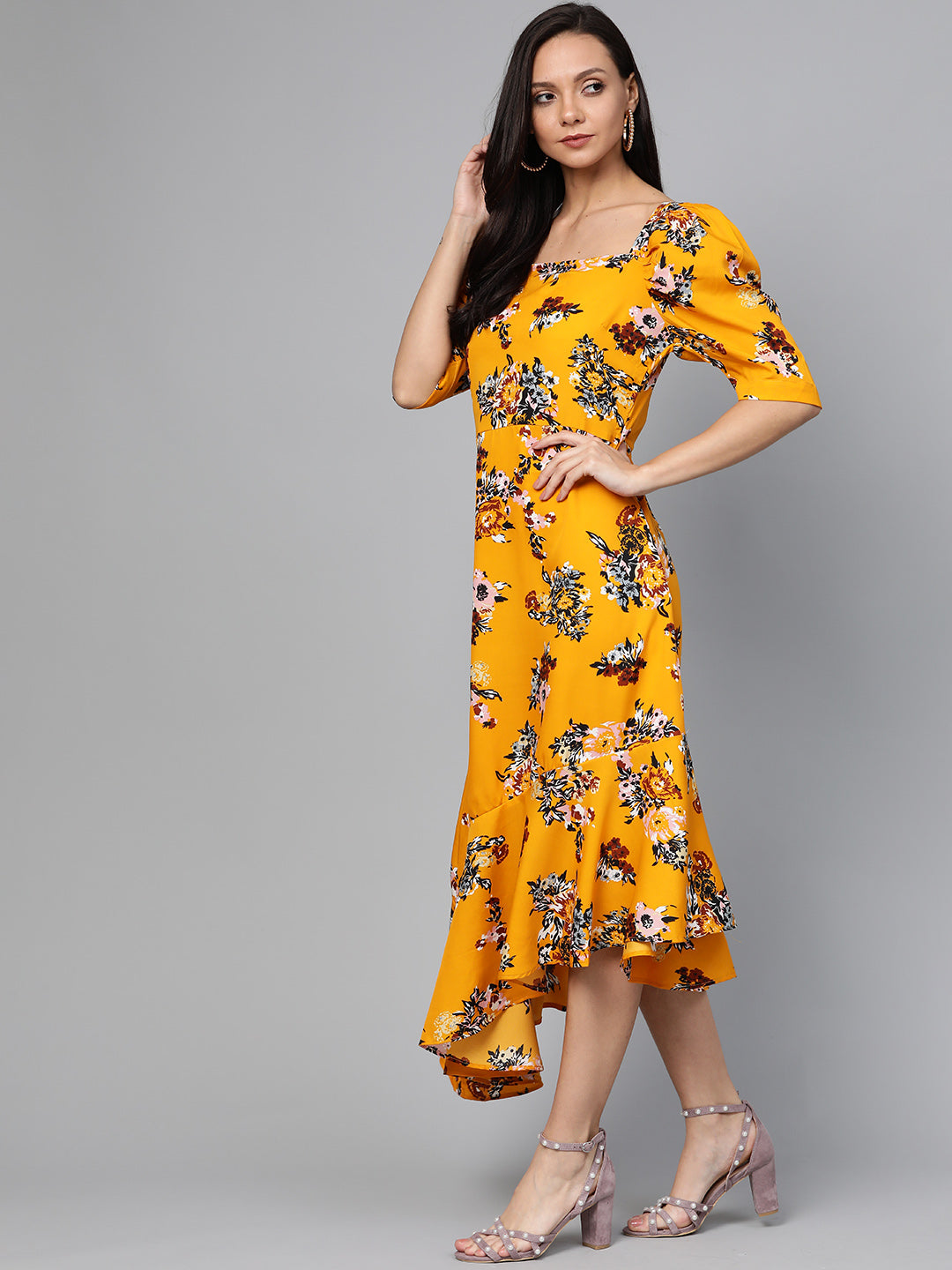 plusS Women Mustard Yellow  Black Floral Print A-Line Dress