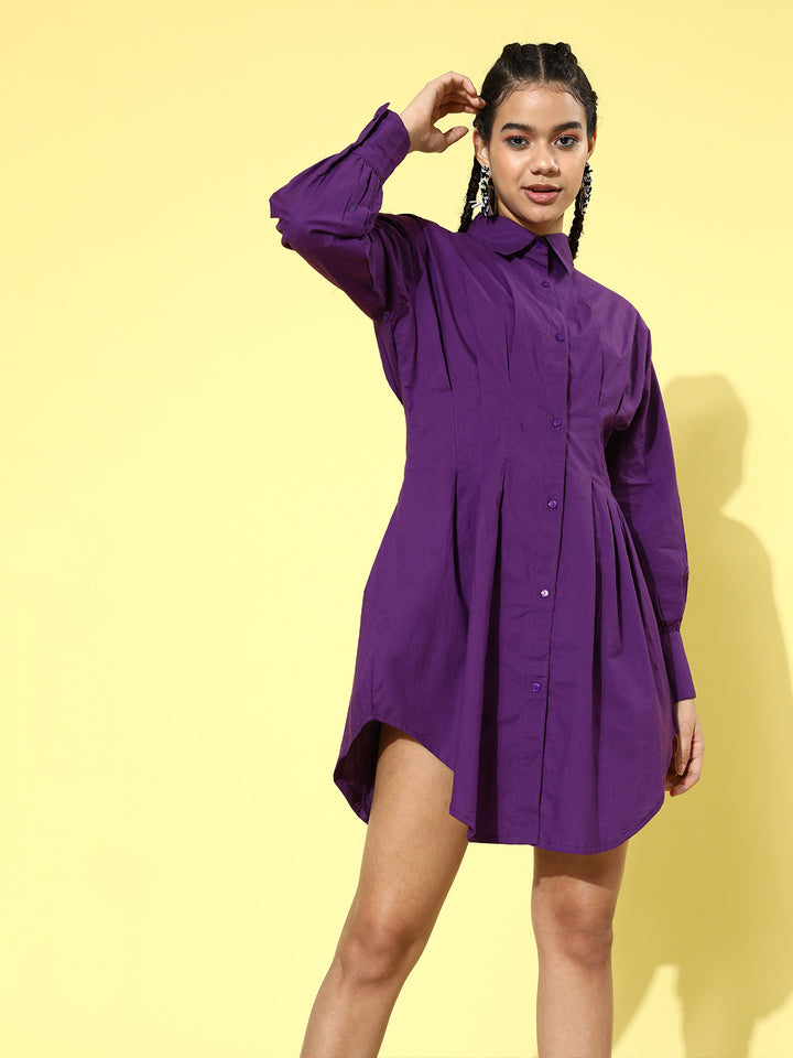 Women Purple Solid Shirt Dress