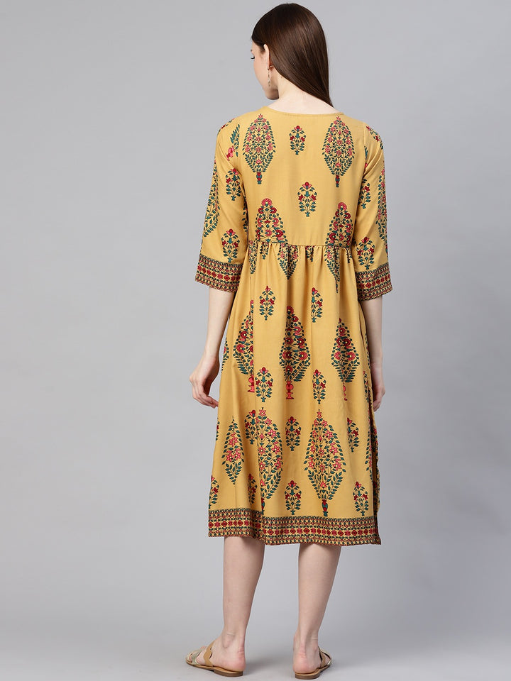 plusS Women Mustard Yellow  Pink Printed A-Line Dress