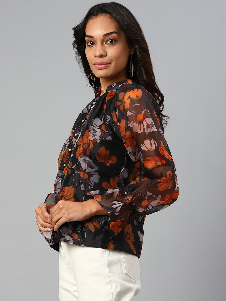 plusS Black  Orange Floral Print Mandarin Collar Top