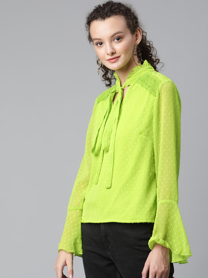 plusS Women Fluorescent Green Self Design Dobby Weave Top