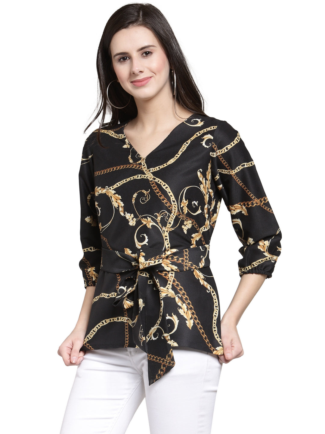 plusS Black Ethnic Motifs Cinched Waist Top