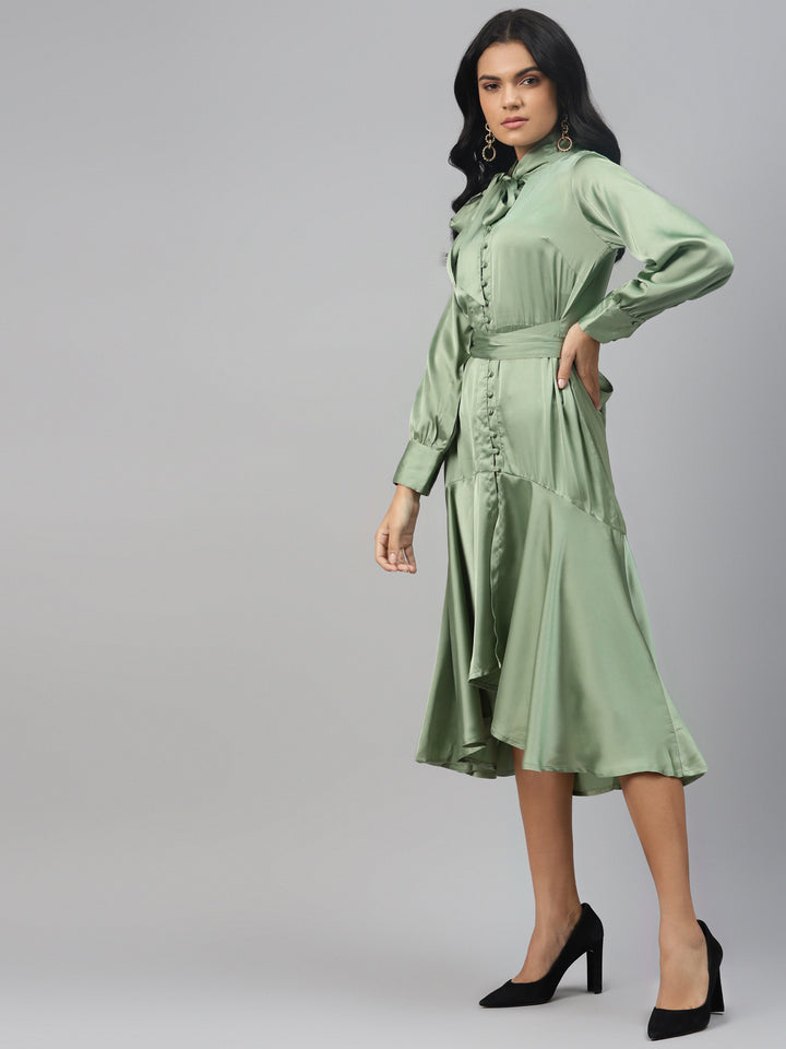 plusS Green Tie-Up Neck Satin A-Line Dress