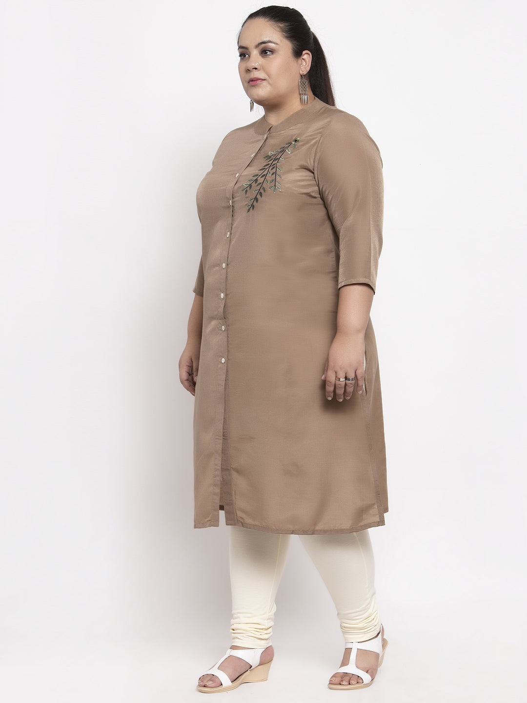 Brown Embroidered A-Line Kurta