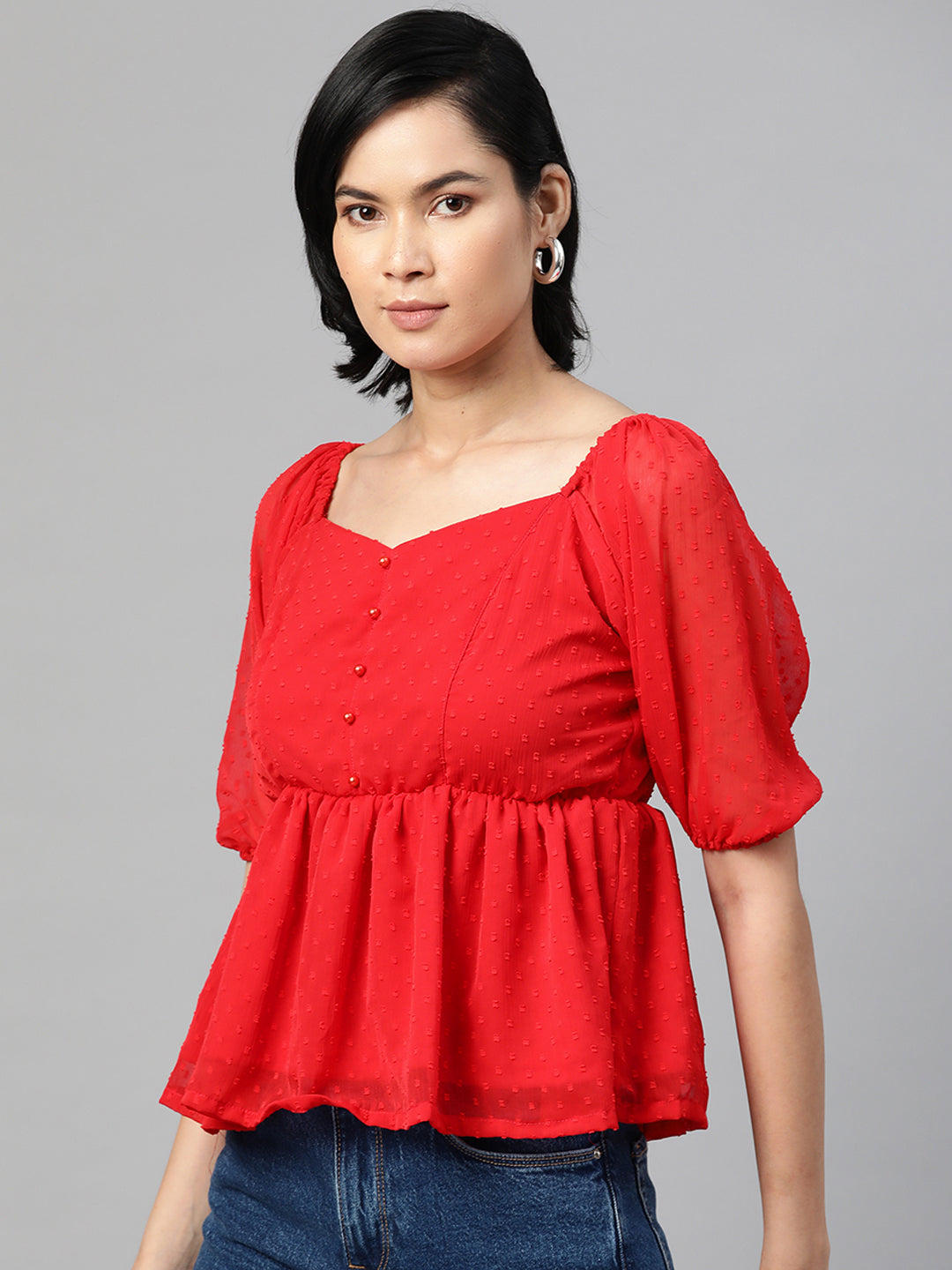 plusS Red Self Design Sweetheart Neck Puff Sleeves Cinched Waist Top