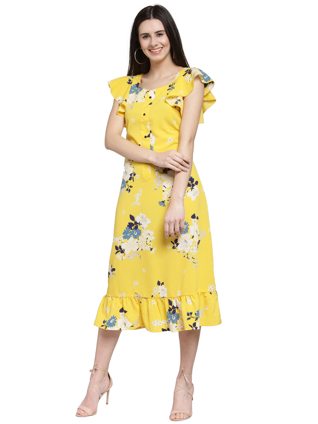 plusS Yellow  Off-White Floral Printed A-Line Dress