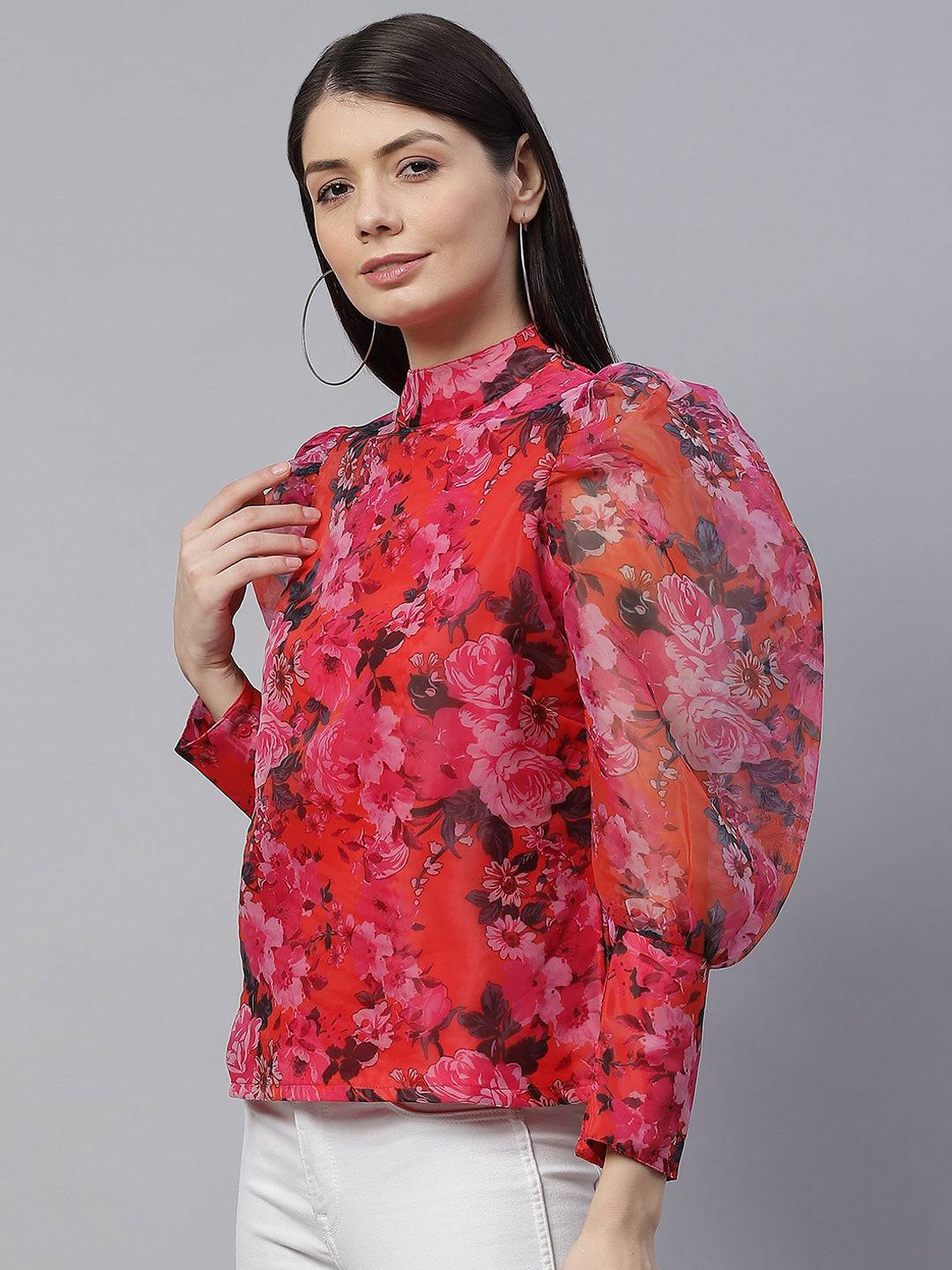 plusS Pink Floral Print Mandarin Collar Top