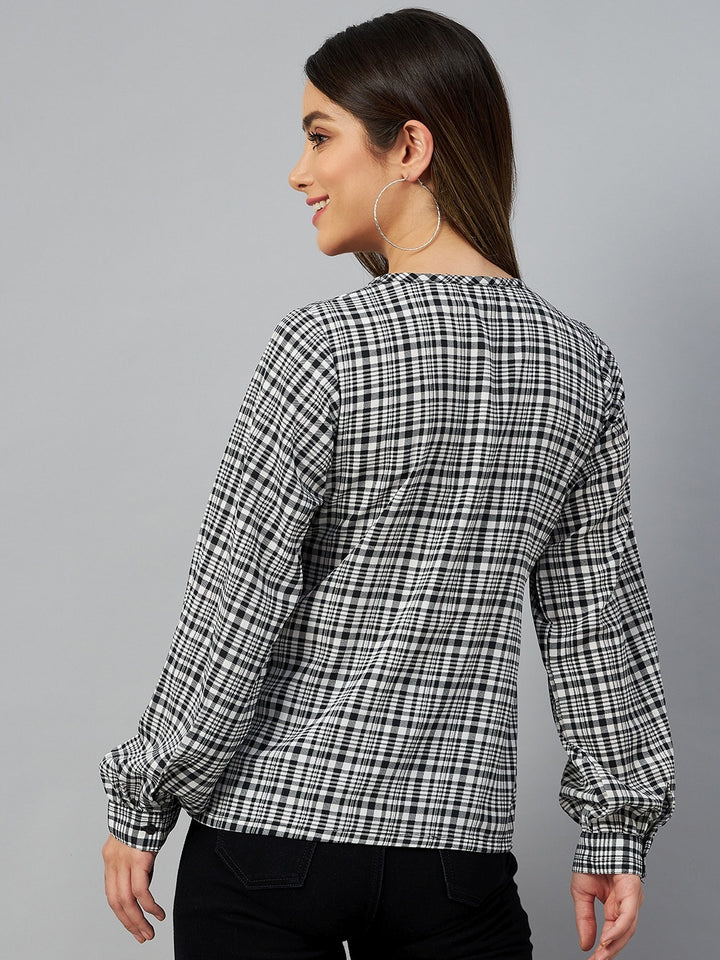 plusS Black  White Checked Tie-Up Detail Monochrome Top