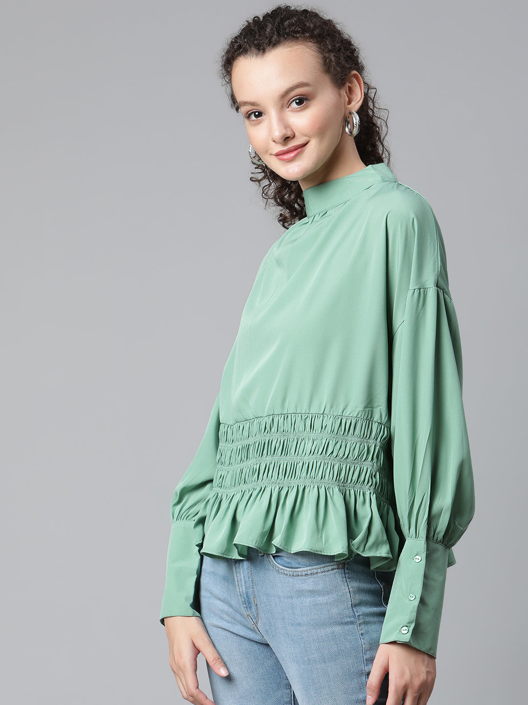 plusS Women Sea Green Solid Smocked Top