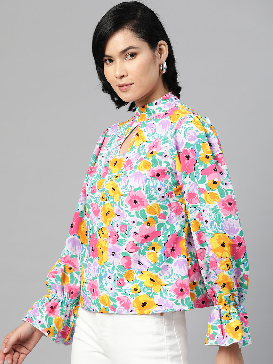 plusS Multicoloured Floral Print Bell Sleeves Keyhole Neck Top