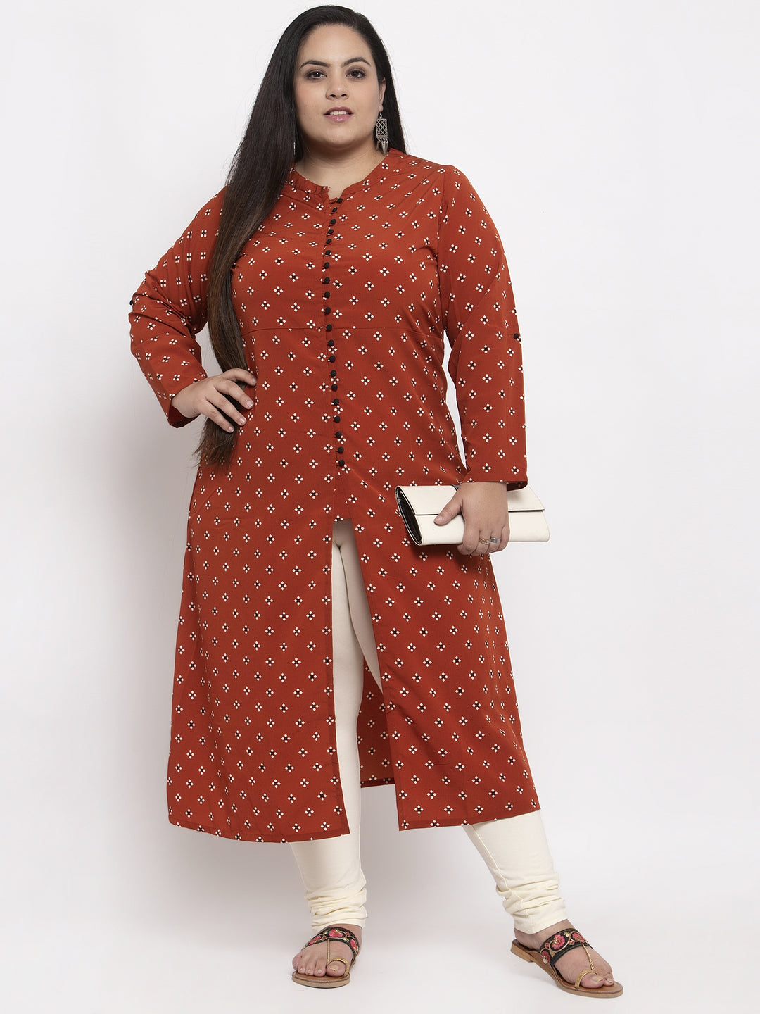 plusS Women Rust Brown  Off-White Printed A-Line Kurta