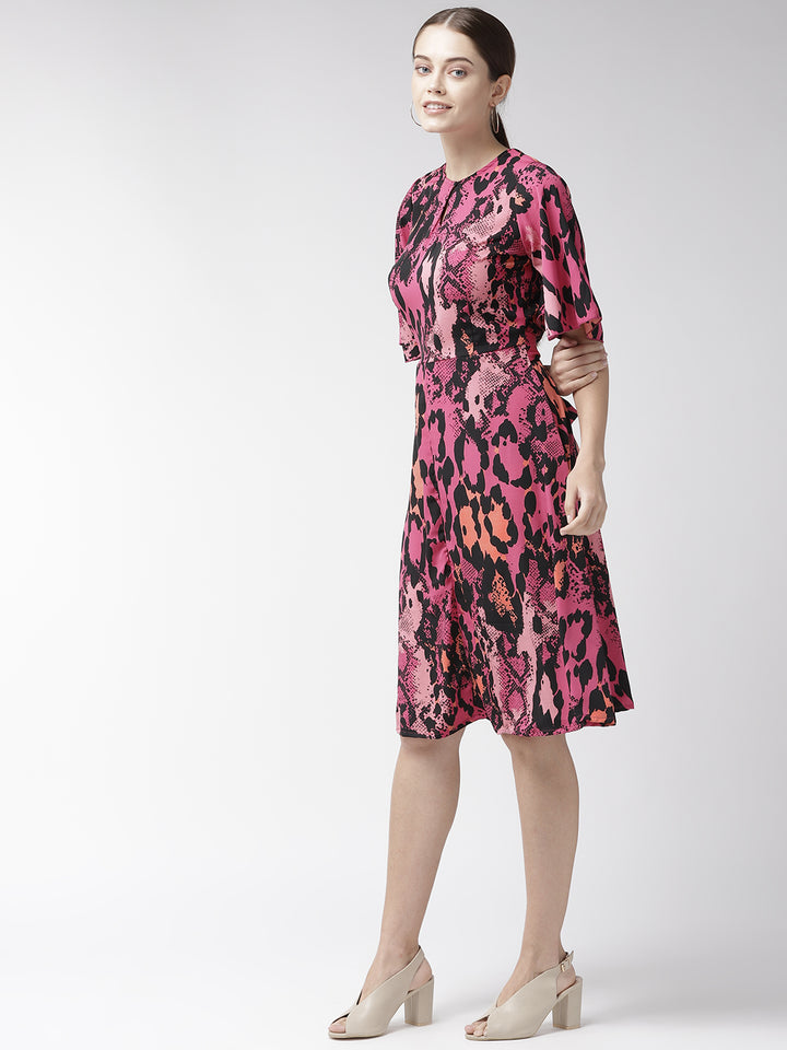 plusS Pink  Black Animal Keyhole Neck A-Line Dress