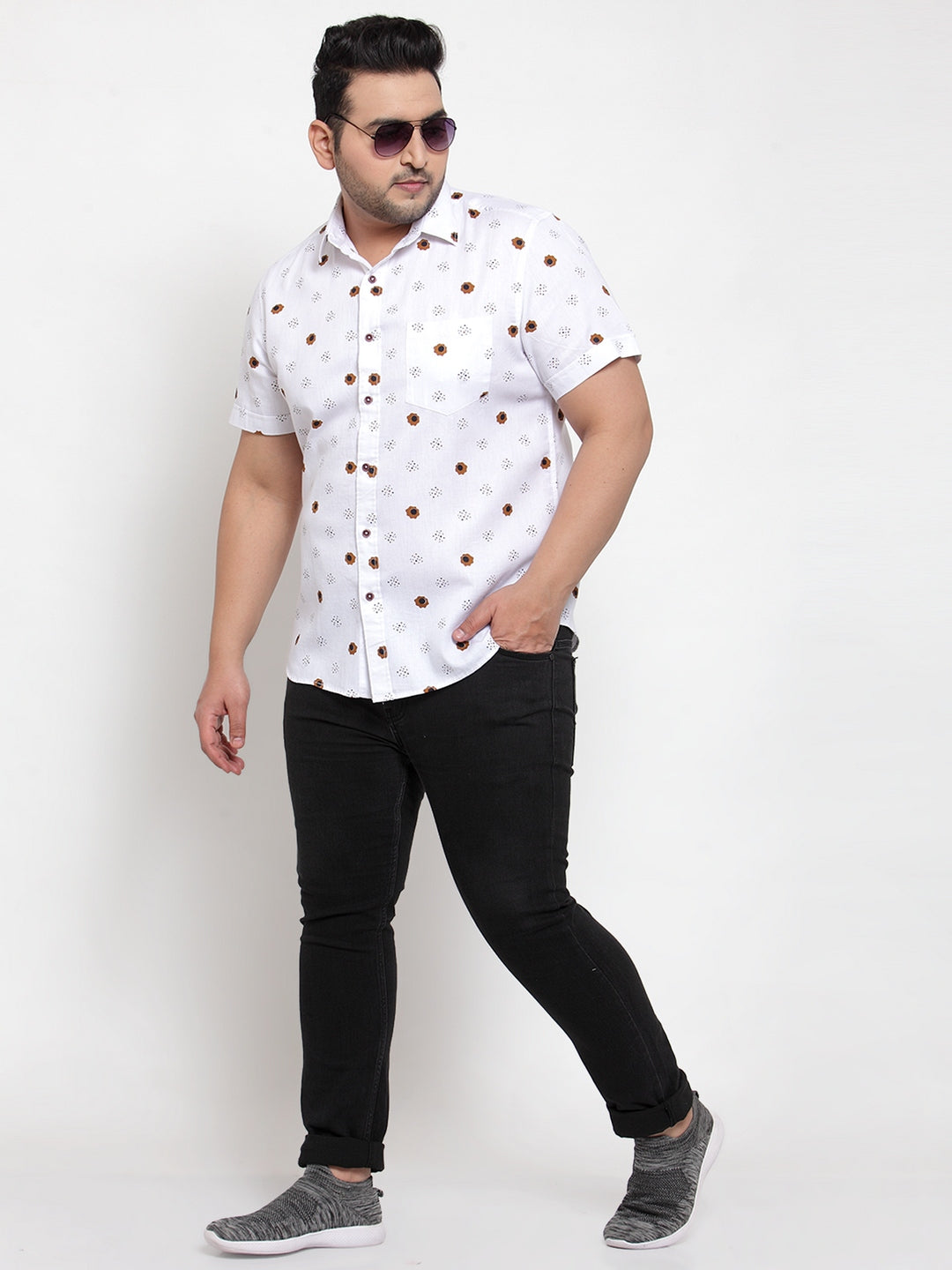 Men Plus Size White Regular Fit Printed Casual Shirt