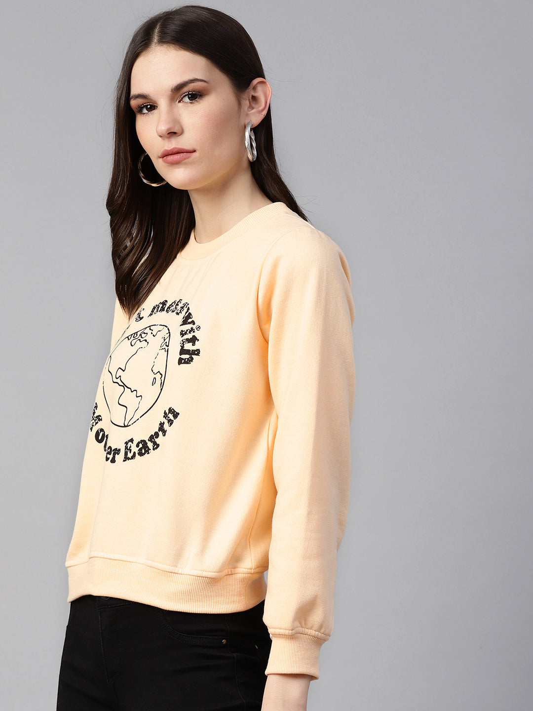 plusS Women Peach-Coloured  Black Typography Print Sweatshirt