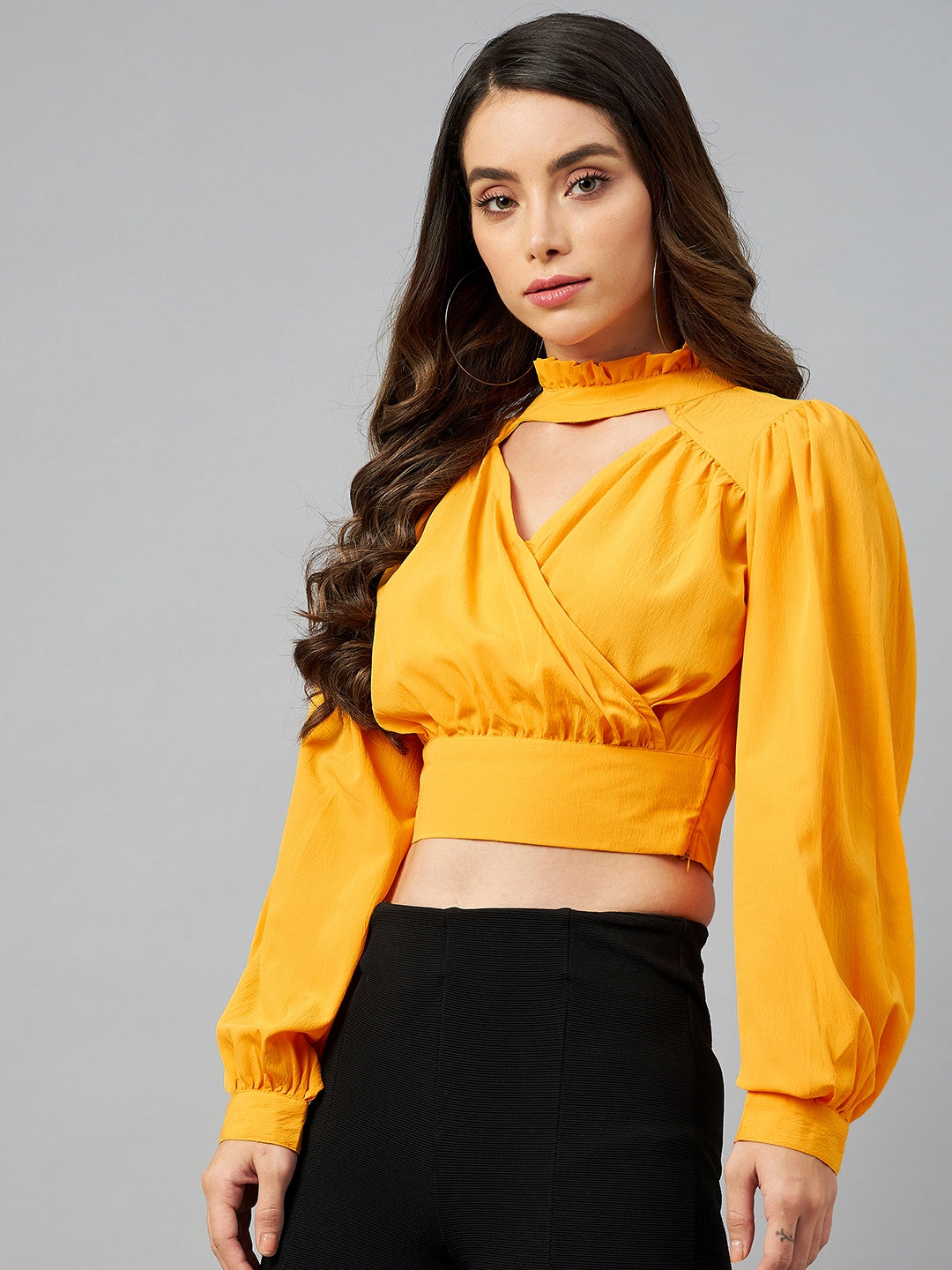 plusS Yellow Solid Mandarin Collar Wrap Crop Top