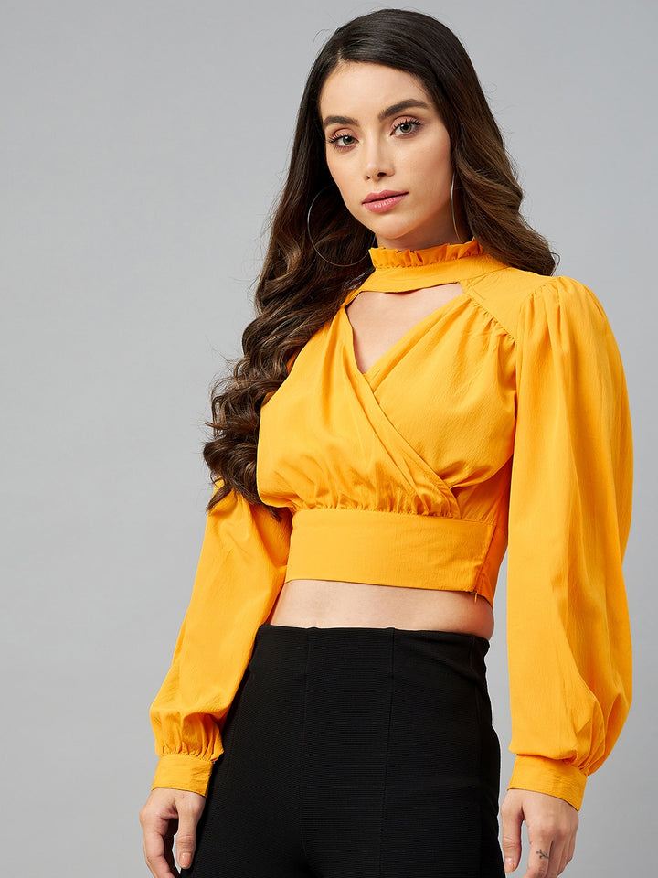 plusS Yellow Solid Mandarin Collar Wrap Crop Top