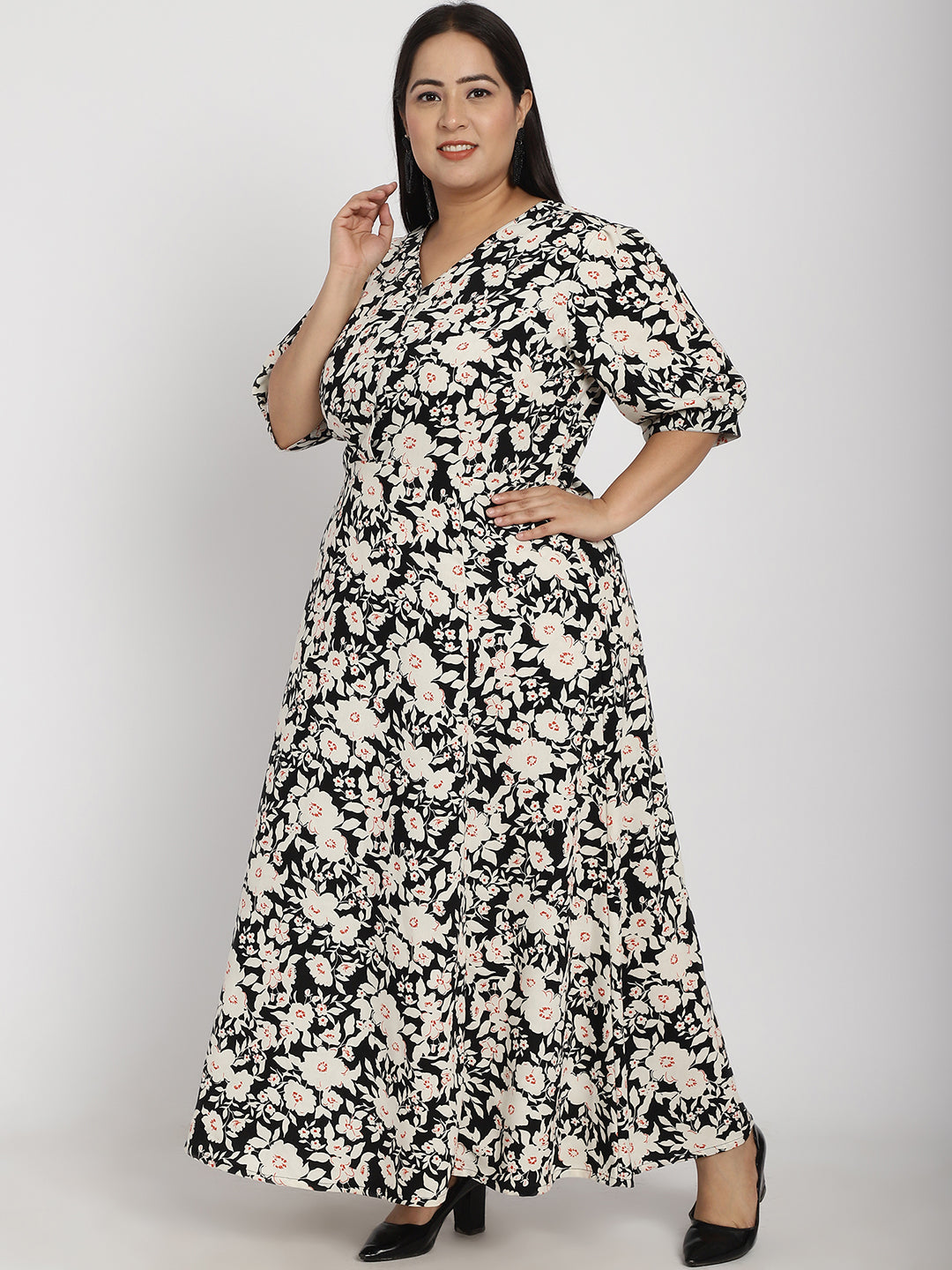 Plus Size Floral Printed V-Neck Cuffed Sleeve Fit & Flare Pleated Cotton Maxi Dress