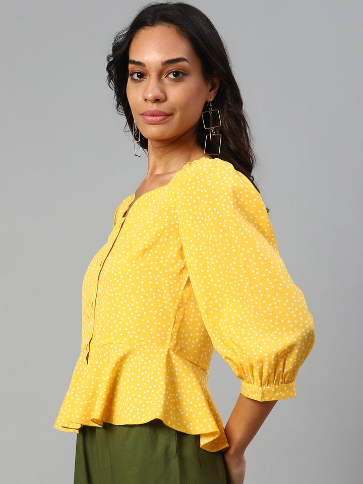 plusS Yellow  White Polka Dots Print Sweetheart Neck Peplum Top