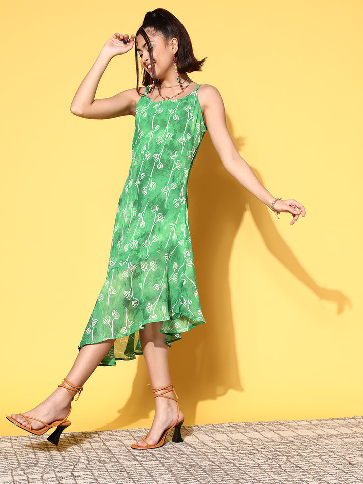 Women Elegant Green Floral Print Parade Dress