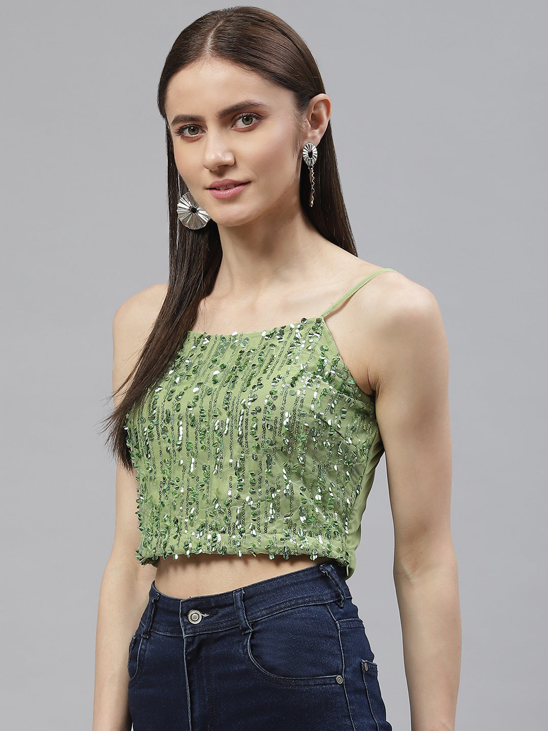 plusS Women Green Sequined Poly Georgette Crop Top