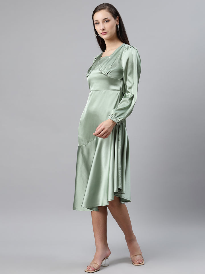 plusS Women Sea Green Solid Midi A-Line Dress