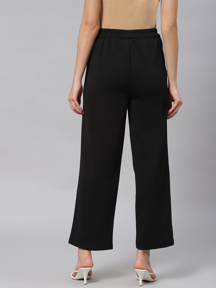 Women Black Solid Mid-Rise Regular Fit Trousers