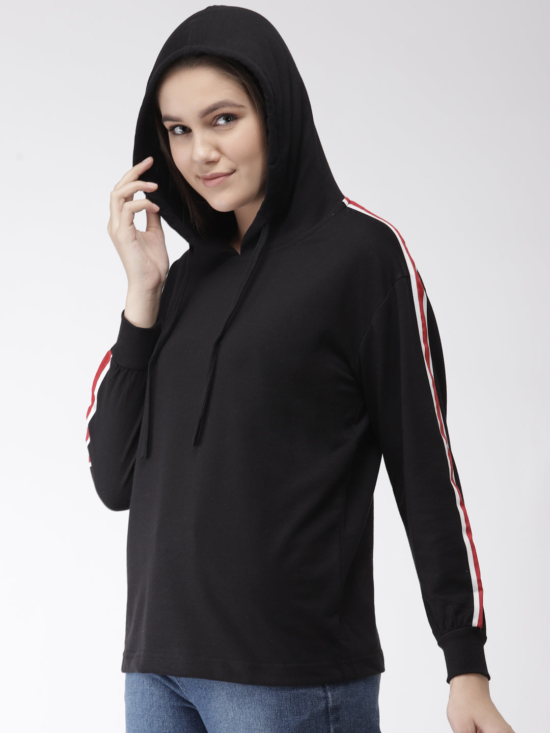 Women Black Solid Hooded Sweatshirt