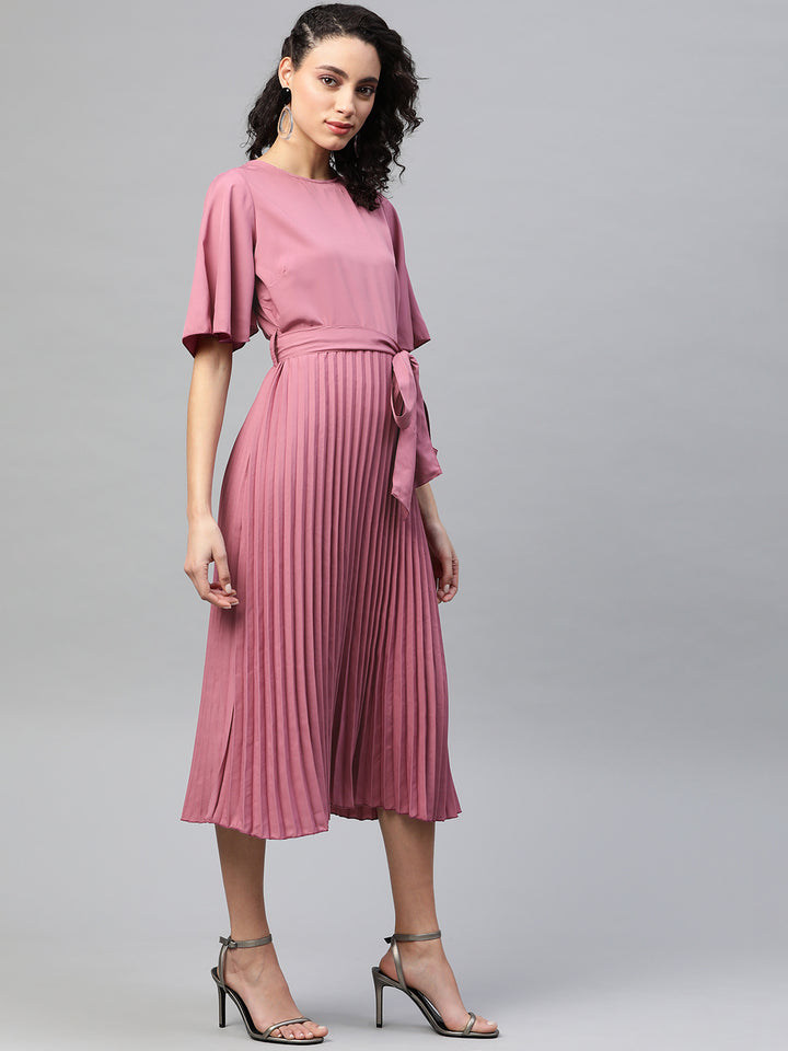 plusS Women Mauve Solid Accordion Pleated Midi A-Line Dress with Belt